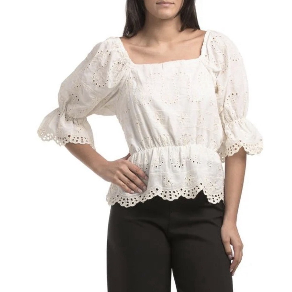 LIV Los Angeles Cotton White Eyelet Crochet Short Sleeve Top Sz S Cottage Beach